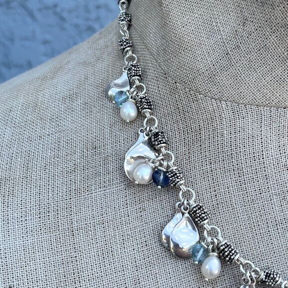 Michael Dawkins Sterling Silver Pearl Blue Bead Caviar Dangle Toggle Necklace - Picture 2 of 13